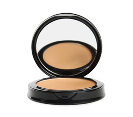 Black pocket powder with mirror isolated on white. Cosmetic product