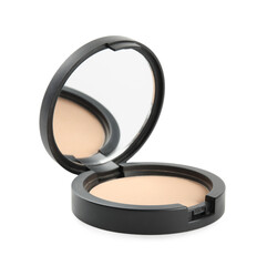 Black pocket powder with mirror isolated on white. Cosmetic product