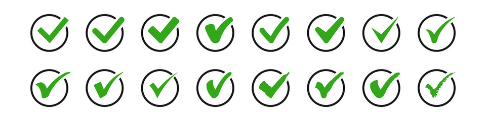 Set of check mark in circle icons. Green vector symbols.