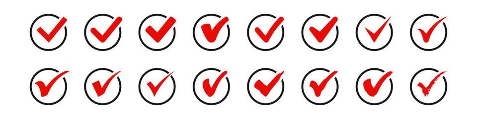 Set of check mark in circle icons. Black vector symbols.