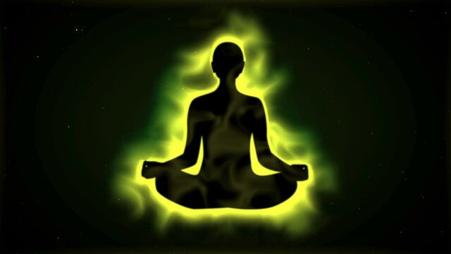 Human Cover with Yellow energy body and aura in Meditation Concept Illustration Animation on Space Background