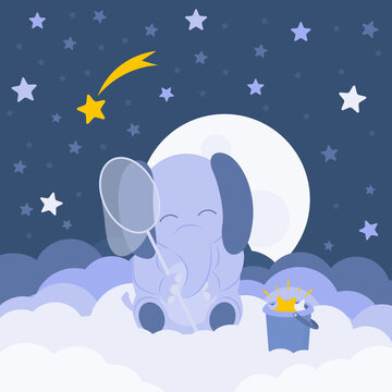 Little baby elephant is sitting on fluffy clouds with butterfly net and full of stars bucket. Behind the baby sky with the moon, stars and bright yellow falling star. Vector. Flat design illustration