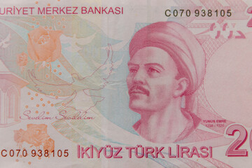 Macro shot of the two hundred turkish lira banknote