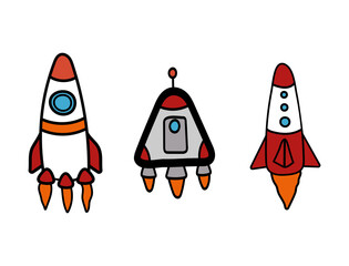 Set of isolated colored rockets drawn by hand. Vector illustration.