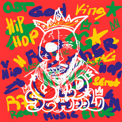 Man with half a skull instead of a face in a crown on abstract background with text. Doodle, sketch, scribble. Vector illustration.