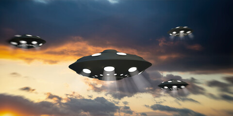 Four illuminated UFO on colorful dark sky background. 3d illustration © Rawf8