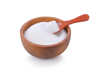 White sugar in wood bowl on white background