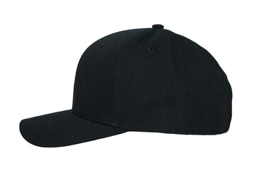 Baseball cap color black close-up of side view on white background
