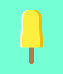 Yellow Lemon popsicle on a blue background. Flat Vector Illustration. Fruit ice lolly. Tasty, mouth-watering, beautiful, colorful ice cream, sweet summer sign symbol.