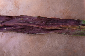 Natural purple corn leaves on a copper background. Copy space.