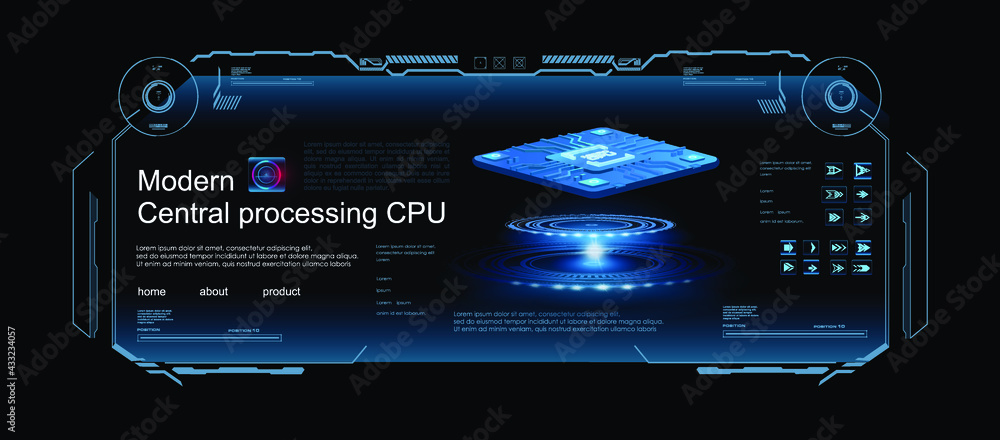 Fototapete new generation micro processor for computer on holographic interface with hud, gui, ui elements. mic