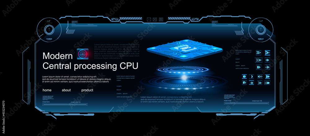 Fototapete new generation micro processor for computer on holographic interface with hud, gui, ui elements. mic