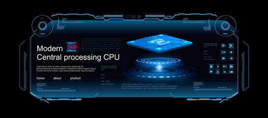 New generation micro processor for computer on holographic interface with HUD, GUI, UI elements. Microprocessor for computer with user interface