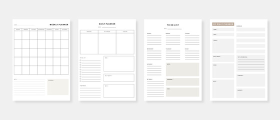 Modern planner template set. Set of planner and to do list. Monthly, weekly, daily planner template. Vector illustration.