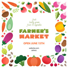 Farmer's market banner template. Colorful frame made of vegetables and fruits drawn in a flat style. Vector 10 EPS.