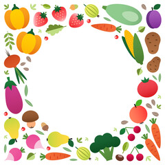 Organic food background. Colorful circle frame made of vegetables and fruits drawn in a flat style. Blank space for your text included. Vector 10 EPS.