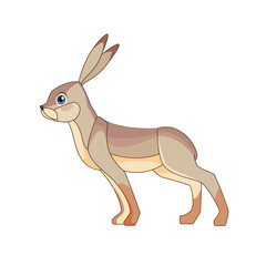The European hare, also known as the brown hare, standing. Gray fluffy fur, long ears, big blue eyes. Scene from wild. Cartoon character vector flat illustration isolated on a white background
