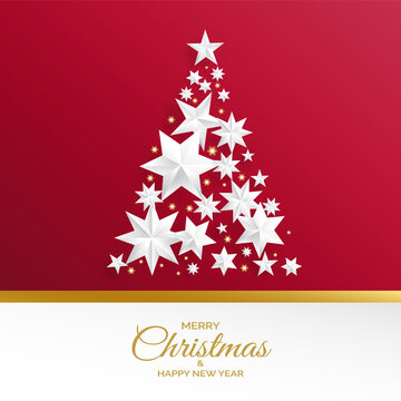 Christmas tree made of silver stars on red background. Creative christmas greeting card