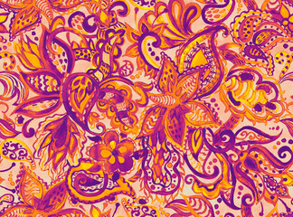 Paisley watercolor floral pattern tile:  flowers, flores, tulips, leaves. Oriental indian traditional hand painted water color whimsical seamless print, ceramic design. Abstract india batik background