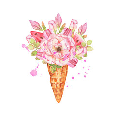 Watercolor Summer Illustration for Print Cute Card Making party Time