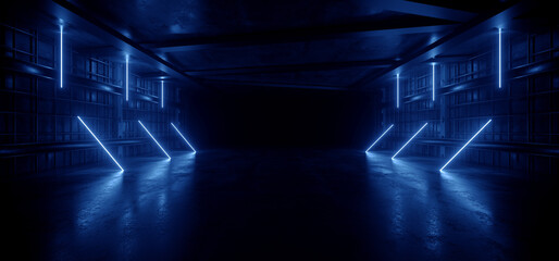 Neon Warehouse Sci Fi Futuristic Grunge Blue Glowing Laser Electric Concrete Hallway Hangar Showroom Corridor Club Dark Tunnel Realistic Background Beams 3D Rendering