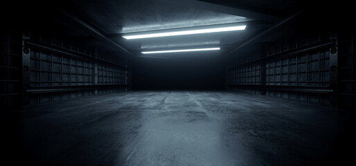 Dunkler Beton führte weiße Lichter unterirdischer Tunnelkorridor Zementasphaltflur Lagertunnelkorridor Metallstruktur realistische leere 3D-Darstellung © IM_VISUALS