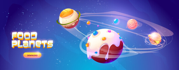 Fototapeta premium Food planets banner of space arcade game. Fantasy planets with fried egg, candy, hamburger and salmon texture. Vector landing page with cartoon illustration of fantastic food galaxy