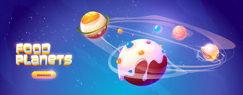 Food planets banner of space arcade game. Fantasy planets with fried egg, candy, hamburger and salmon texture. Vector landing page with cartoon illustration of fantastic food galaxy