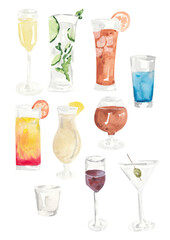 watercolor set of drinks, alcohol cocktails
