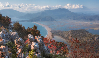 A beautiful panoramic view of the river delta and the town of Dalyan, Iztuzu beach and the...