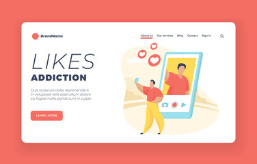 Likes addiction landing page website banner template. Likes addiction. Male cartoon character taking selfie for social media. Man get likes in social networks. Flat vector illustration