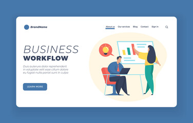 Business workflow landing page website banner template. Business people brainstorming. Data analysis concept. Male and female cartoon characters colleagues working. Flat vector illustration