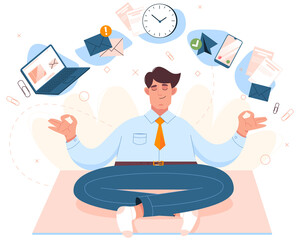 Flat man sitting in lotus position, practicing mindfulness meditation with office icons. Worker doing yoga on workplace. Emotional balance, stress relief concept. Healthy mind and body of businessman.