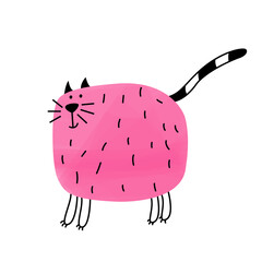 Cute beautiful cartoon comic kawaii pink round fat cat with striped tail. Cool logo, emblem, label, mascot, character. For goods, business, branding, marketing, advertising, company, firm, production