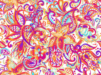 Paisley watercolor floral pattern tile:  flowers, flores, tulips, leaves. Oriental indian traditional hand painted water color whimsical seamless print, ceramic design. Abstract india batik background