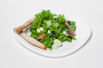 green salad with salmon, lettuce, eggs and toasts