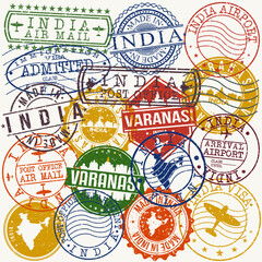 Varanasi India Set of Stamps. Travel Stamp. Made In Product. Design Seals Old Style Insignia.