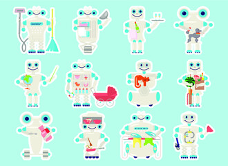 Cute sticky labels decorated with robot assistant