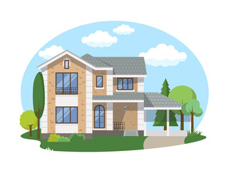 Cartoon house exterior with blue clouded sky Front Home Architecture Concept Flat Design Style. Vector illustration of Facade Building