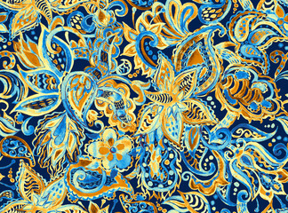 Paisley watercolor floral pattern tile:  flowers, flores, tulips, leaves. Oriental indian traditional hand painted water color whimsical seamless print, ceramic design. Abstract india batik background