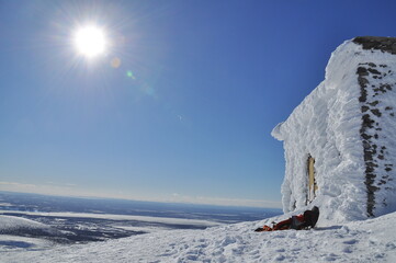 Terrific pan view of snow covered landscapes at sunny day, Khibiny, Russian Federation