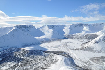 Majestic view of mountain rocky snow covered landscapes in Khibiny, Russian Federation