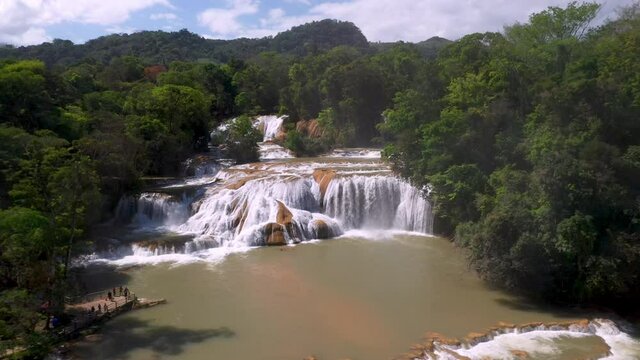Wide revealing drone shot of the Cascadas de Agua Azul and the waterfalls found on the Xanil River in Chiapas Mexico