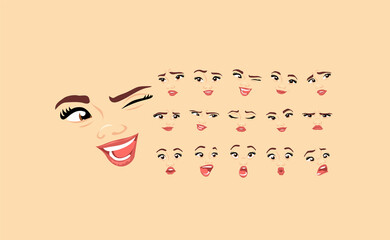 Female abstract cartoon face expression variations, emotions collection set #1, vector illustration