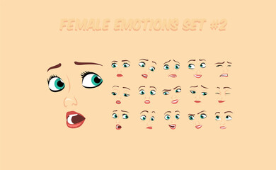Female abstract cartoon face expression variations, emotions collection set #2, vector illustration