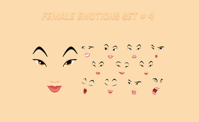 Asian female abstract cartoon face expression variations, emotions collection set #4, vector illustration