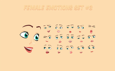 Female abstract cartoon face expression variations, emotions collection set #3, vector illustration