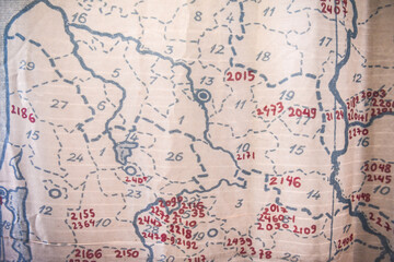 Old paper map of site plan with drawn borders and numbers