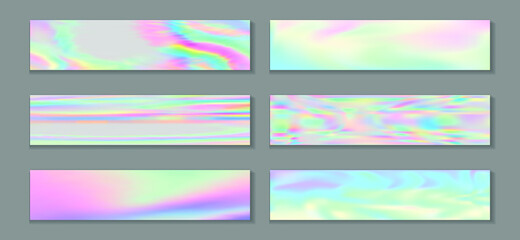 Holographic vibrant banner horizontal fluid gradient princess backgrounds vector collection. Romantic neon holo texture gradients. Fluid graphic design abstract princess backgrounds.