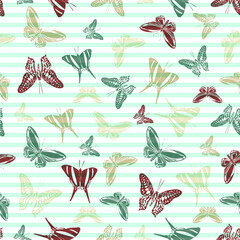 Flying decorative butterfly silhouettes over horizontal stripes vector seamless pattern. Girlish fashion textile print design. Lines and butterfly garden insect silhouettes seamless wrapping.